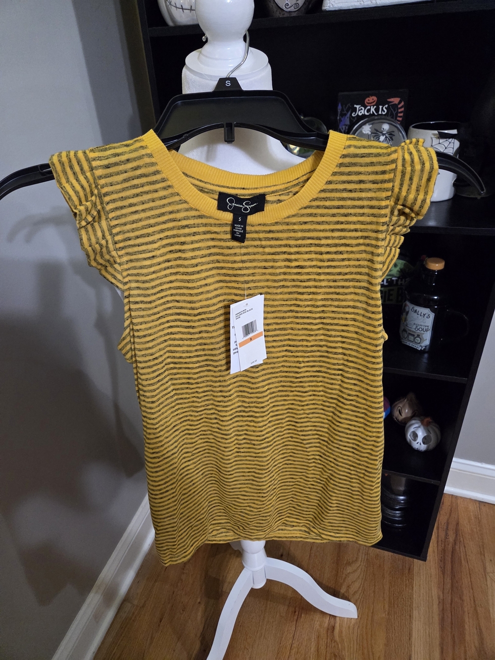 Jessica Simpson Yellow and Gray Striped Ruffle Sleeve Tank Top